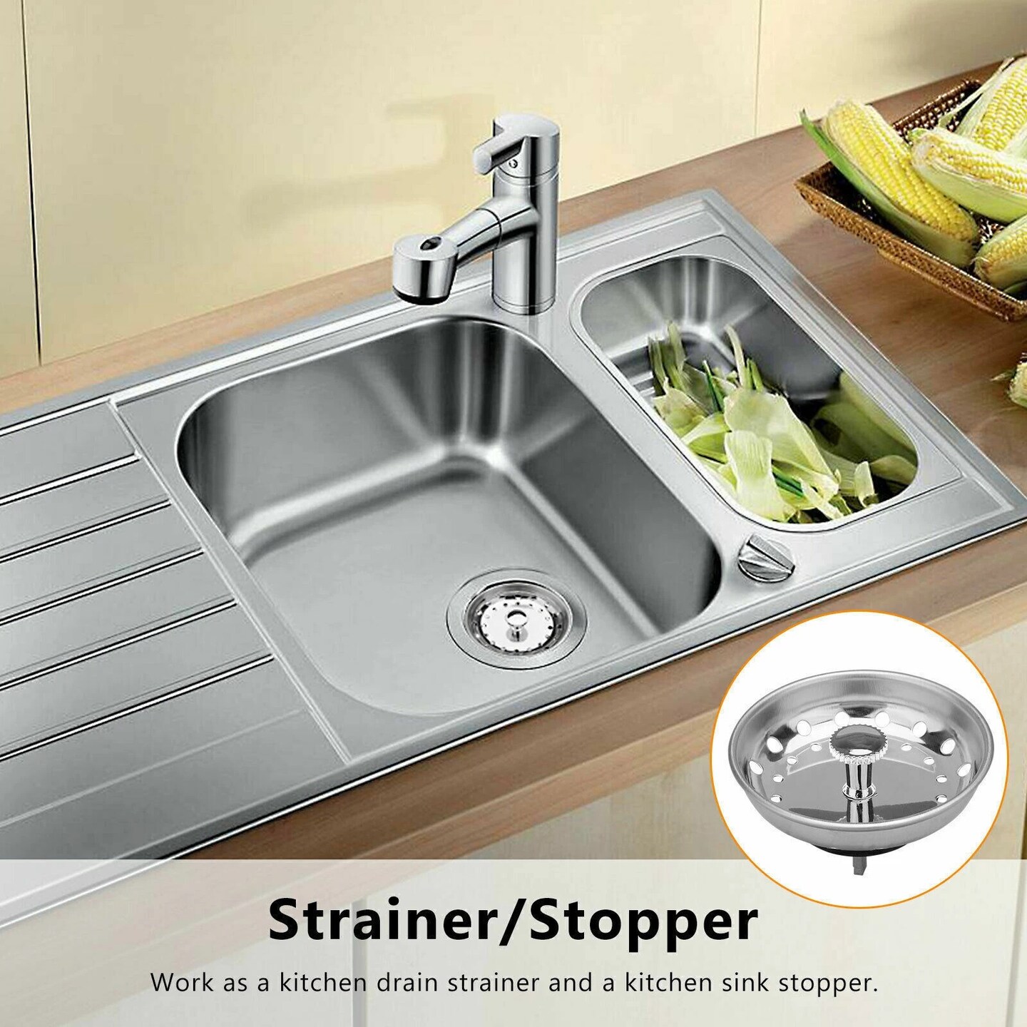 2 Pack Kitchen Sink Drain Stopper Basket Strainer Stainless Steel Plug
