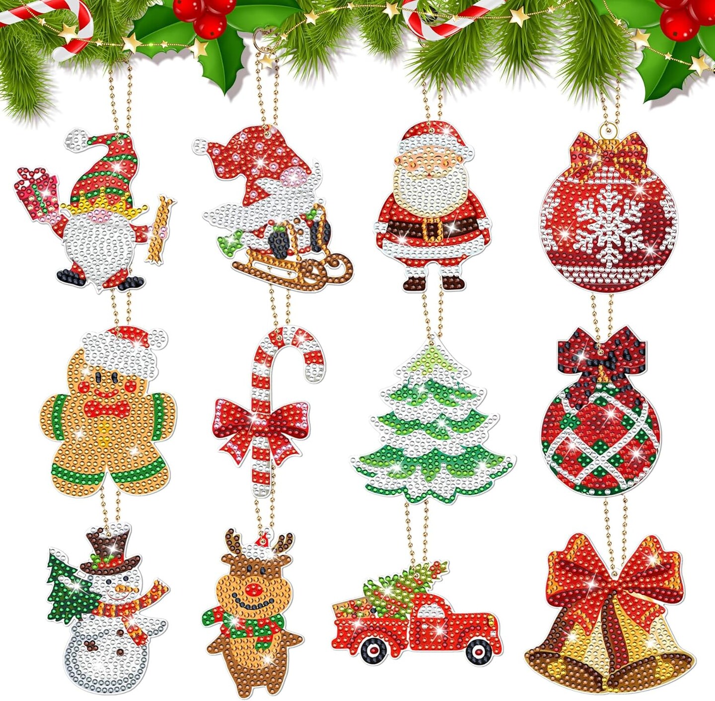 12 Pcs Christmas Diamond Painting Kits Christmas Balls Diamond Painting Keychain Hanging Diamond Painting Keychains Ornaments for Crafts Family Decor
