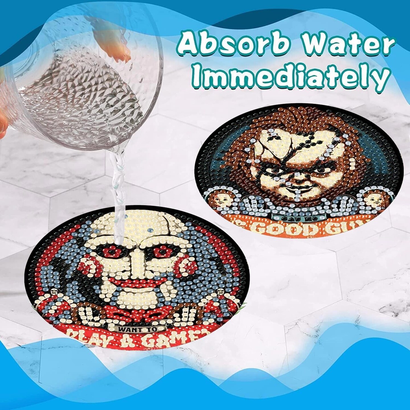 8 Pcs Halloween Diamond Art Coasters Kit for Adults - Round Full Drill Horror Diamond Painting Coasters Set with Holder