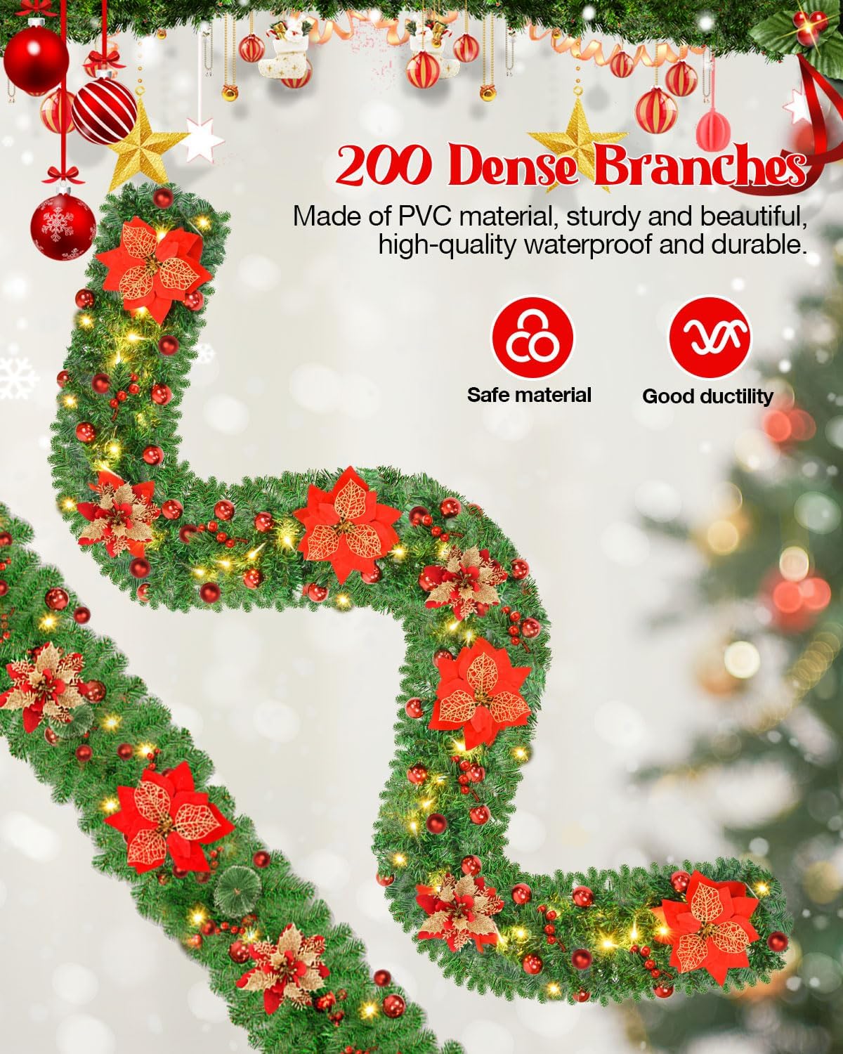 Christmas Garland, 9ft Pre-lit Christmas Decorations Garland with Lights for Front Door, Artificial Green Rattan, for Xmas Tree, Mantel Stairs Home Indoor Outdoor Christmas Decor Wreath (Red)