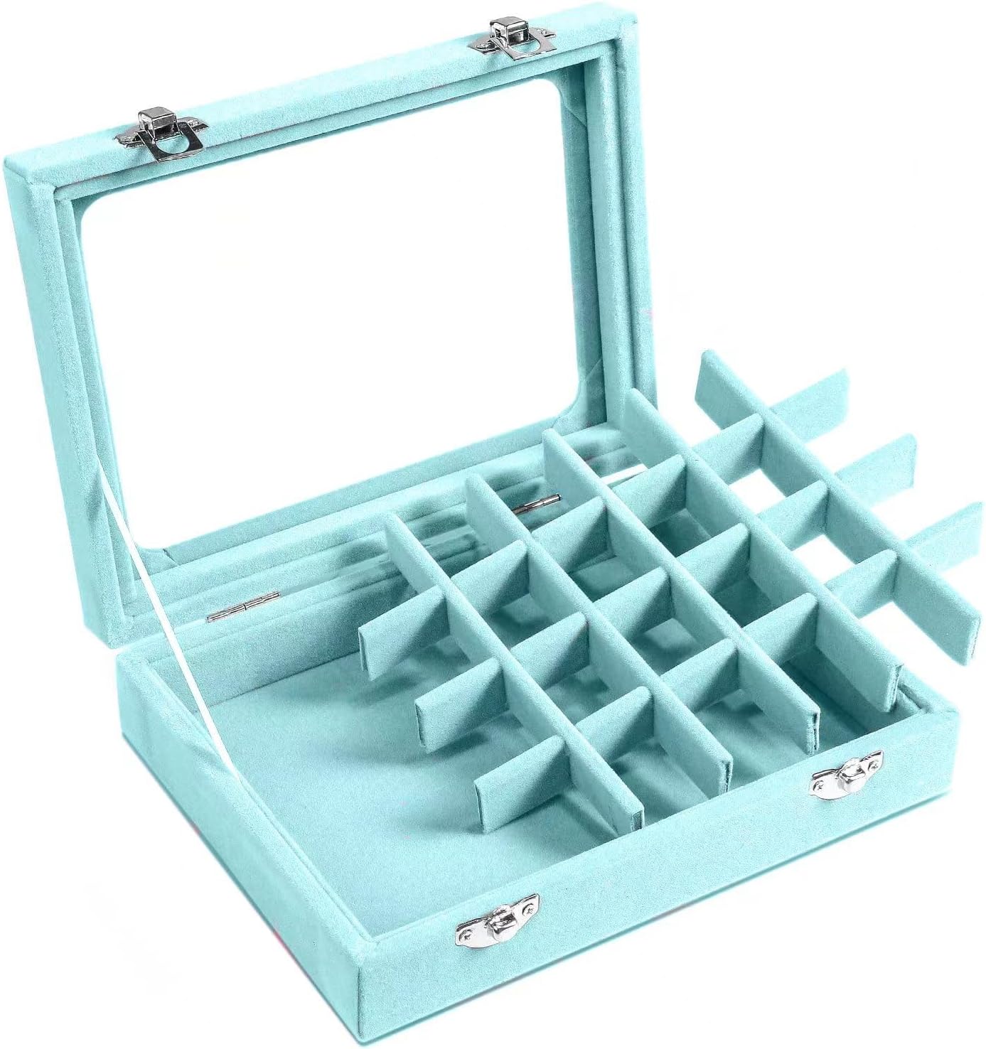 Jewelry Box 24-Grid Velvet Earring Holder Tray – Detachable Jewelry Organizer with Clear Glass Lid for Rings, Earrings, Necklaces, Bracelets – Light Blue (Light blue)
