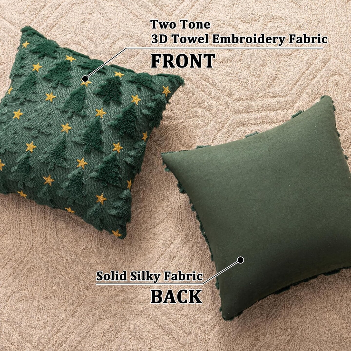 Green Christmas Tree Throw Pillow Covers 18"x18", Star Shaped Embroidered Pillow Covers Winter Soft Plush Embroidery Cushion Covers Decorative Holiday Pillowcases for Thanksgiving Home Decor