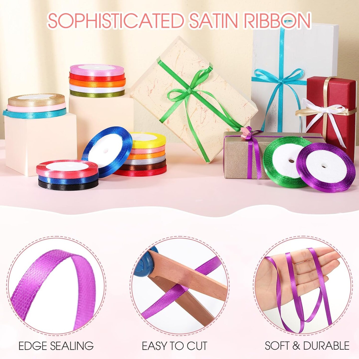 20 Rolls Rainbow Satin Ribbon 500 Yd Long Solid Color Assortment Satin Ribbons 20 Colors for Crafts DIY Bouquet Gift Wrapping Wedding Shower Decor(1/4" Wide)