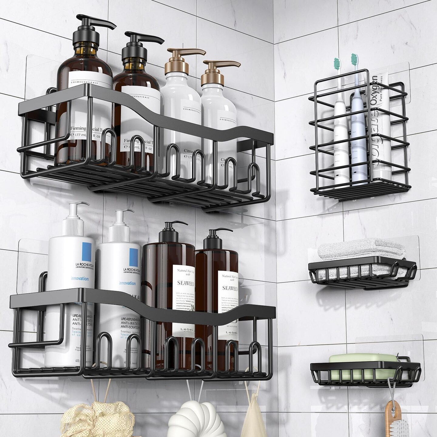 Adhesive Shower Caddy, 5 Pack Rustproof Stainless Steel Bath Organizers With Large Capacity, No Drilling Shelves for Bathroom Storage &#x26; Home Decor