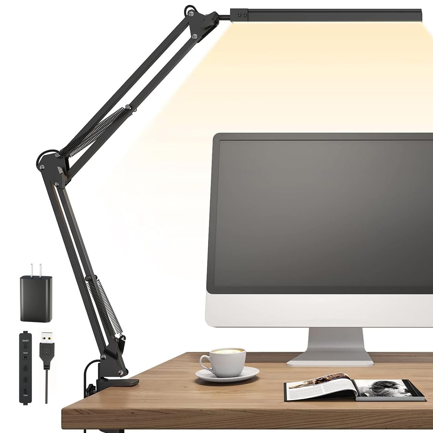 LED Desk Lamp for Home Office, Clamp-On with 5 Light Modes &#x26; Auto Shut Off | 14W Adjustable Brightness 5000K Eye-Caring Lighting for Study/Bedroom/Computer Desk