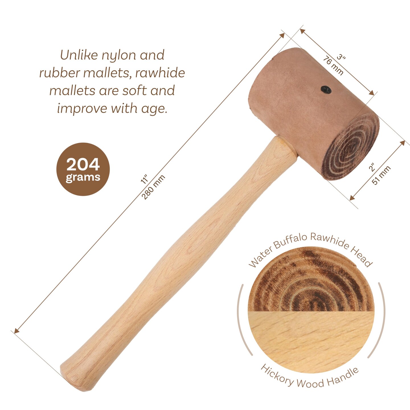 The Beadsmith Rawhide Mallet - 100% Natural Crafting Tool w/ 2&#x22; Diameter Rawhide Head and Hickory Handle, Prevents Marring and Scratching of Metal, Suitable for Leather and Metalwork