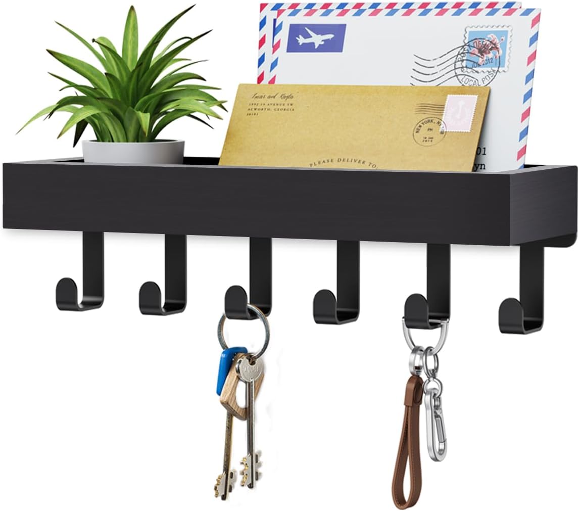 Magnetic Wall Key Holder – Adhesive Key Hooks with Mail Organizer Shelf, Black Hanging Rack for Keys, Wallets, and Home Accessories, Entryway, RV, or Camper Decor