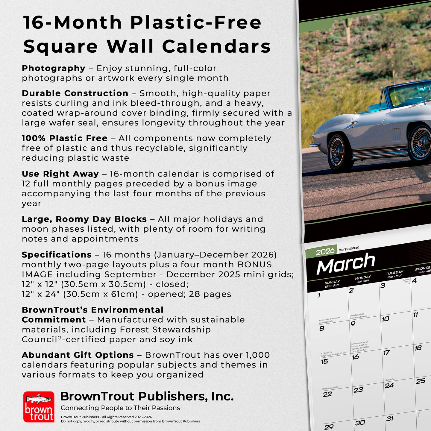 Corvette OFFICIAL | 2026 12 x 24 Inch (Hanging) Monthly Square Wall Calendar | Plastic-Free | BrownTrout | Chevrolet Motor Muscle Car