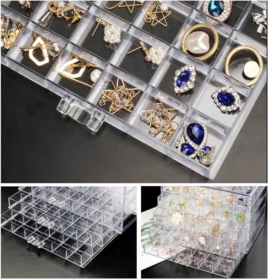Earring Storage Box Acrylic Jewelry Storage Holder Ring Clear Plastic Transparent Jewelry Display Stand with 5 Drawers 120 Small Compartment Tray for Women Girls