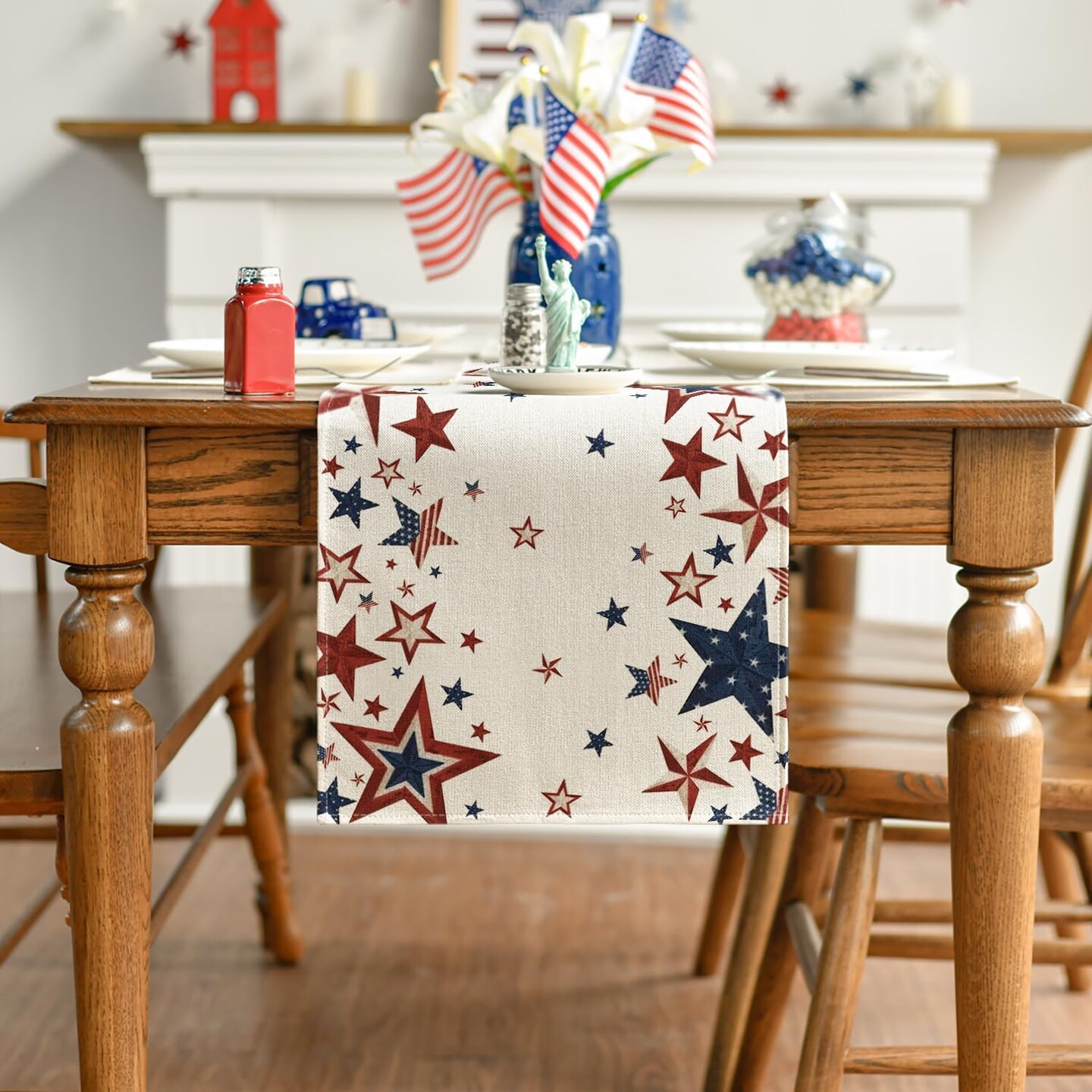 Primitive Old Style Stars American Flag Table Runner – 13x72 Inch Rustic Burlap Patriotic Decor – Vintage USA Decor for 4th of July & Memorial Day