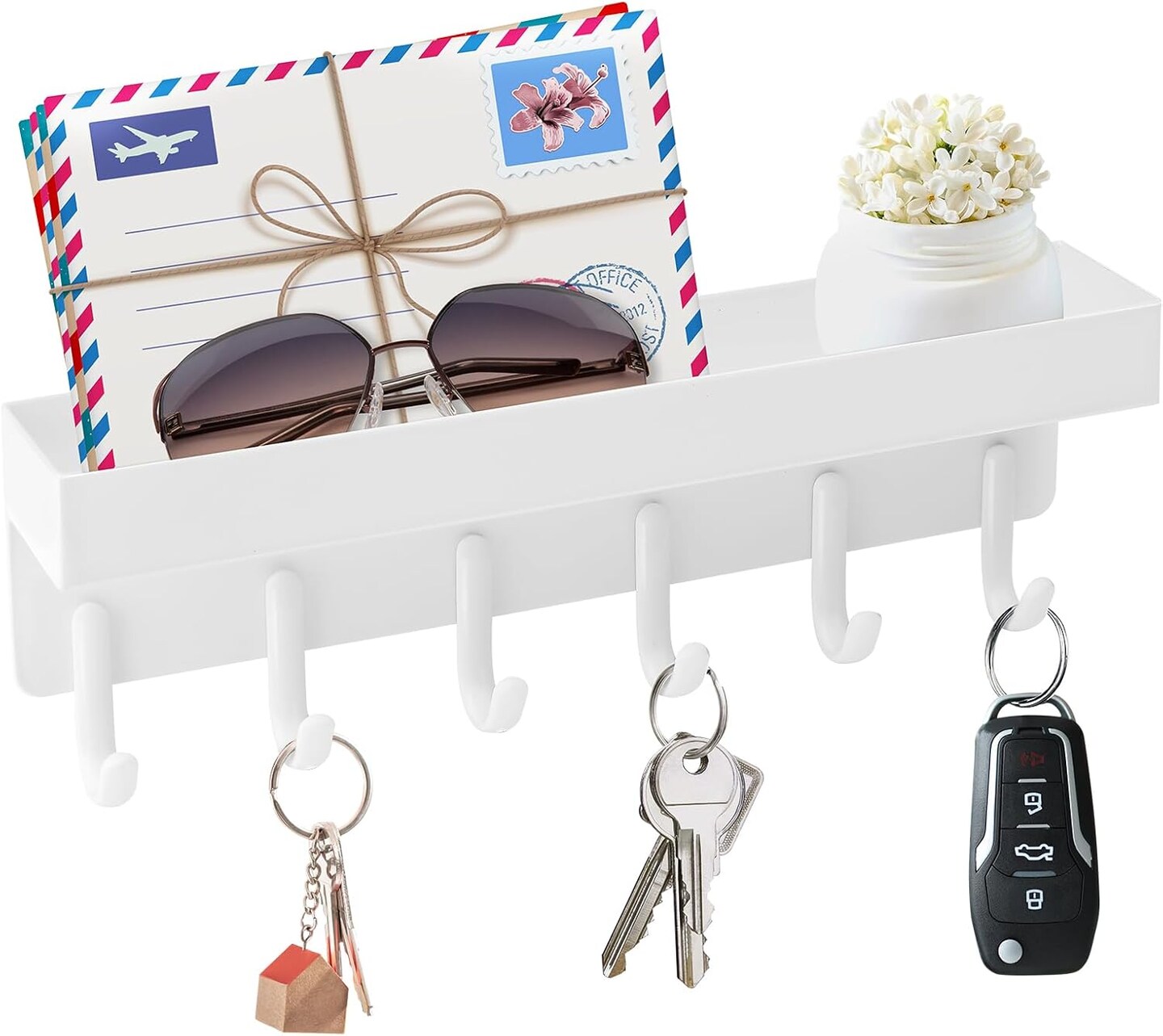 Magnetic Key Holder Wall Mount, Compact Metal Key Rack with Tray, 6 Hooks, 2 Mount Options, White