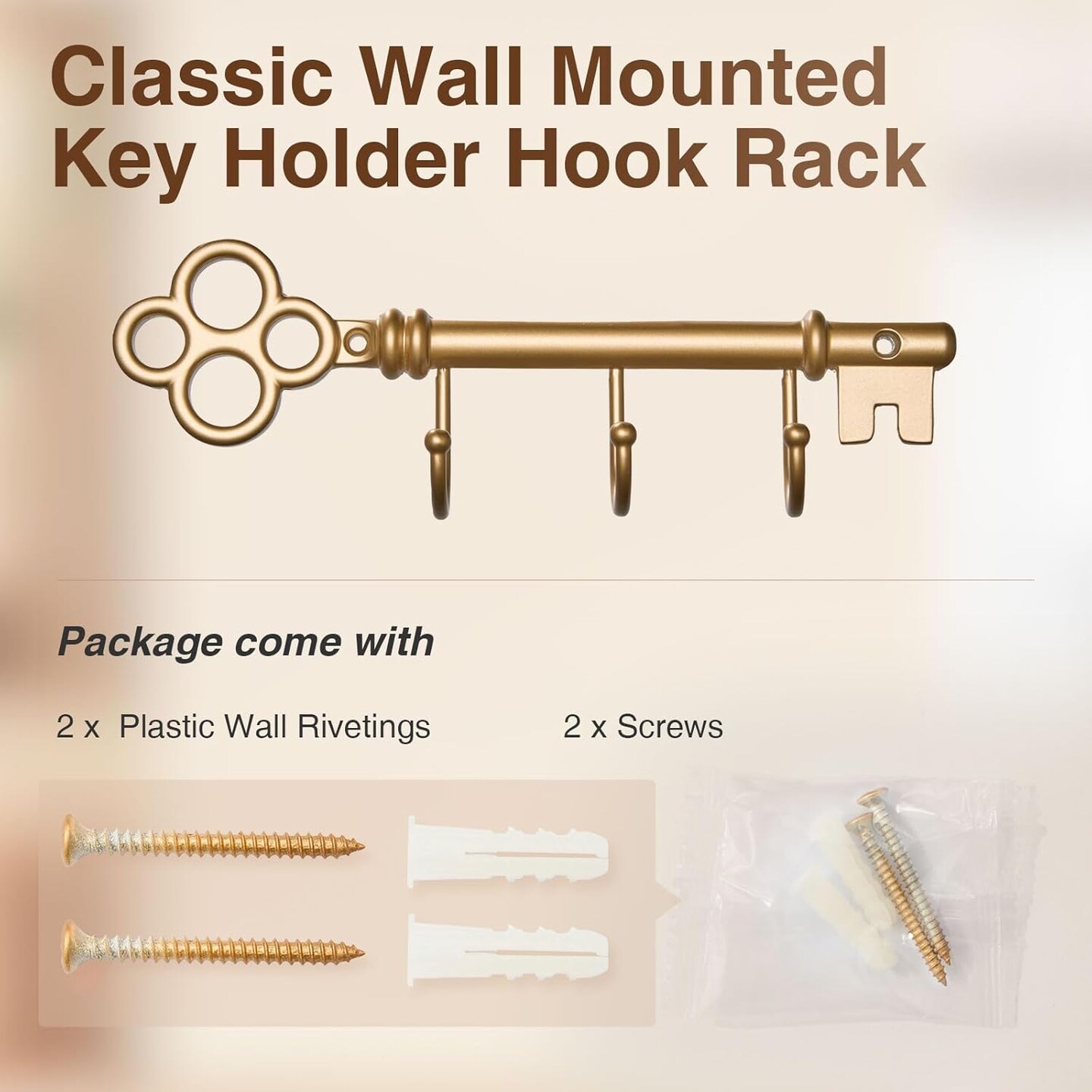 Classic Wall Mounted Key Holder Hook Rack, Vintage Key Rack for Entryway (Gold)