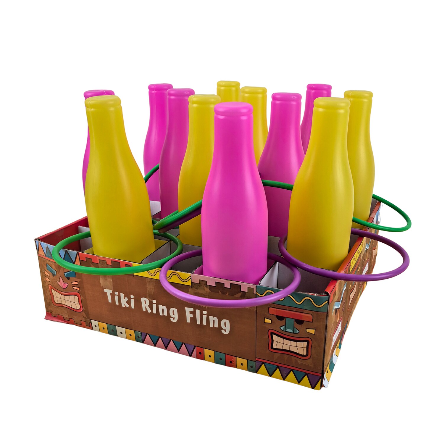 4E’s Novelty Tiki Bottle Ring Toss Game Set 12 Colorful Bottles – Fun Luau Party Games, Hawaiian Party Games, Tiki Toss, Beach Party Games, Moana Party Games and Carnival Summer Activities