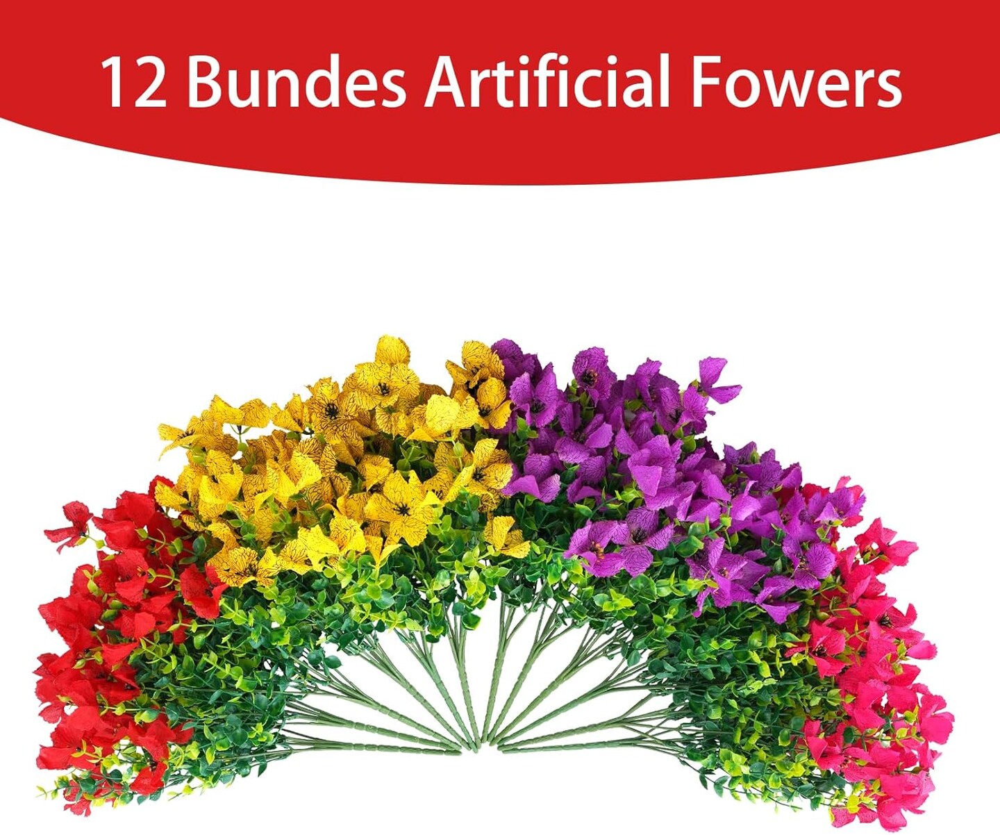12-Bundle Artificial Outdoor Flowers – Faux Silk Colorful Daisies and Eucalyptus, UV-Resistant Realistic Plants for Spring/Summer Home, Planters, Porch, and Yard Decor (Mixed Colors)
