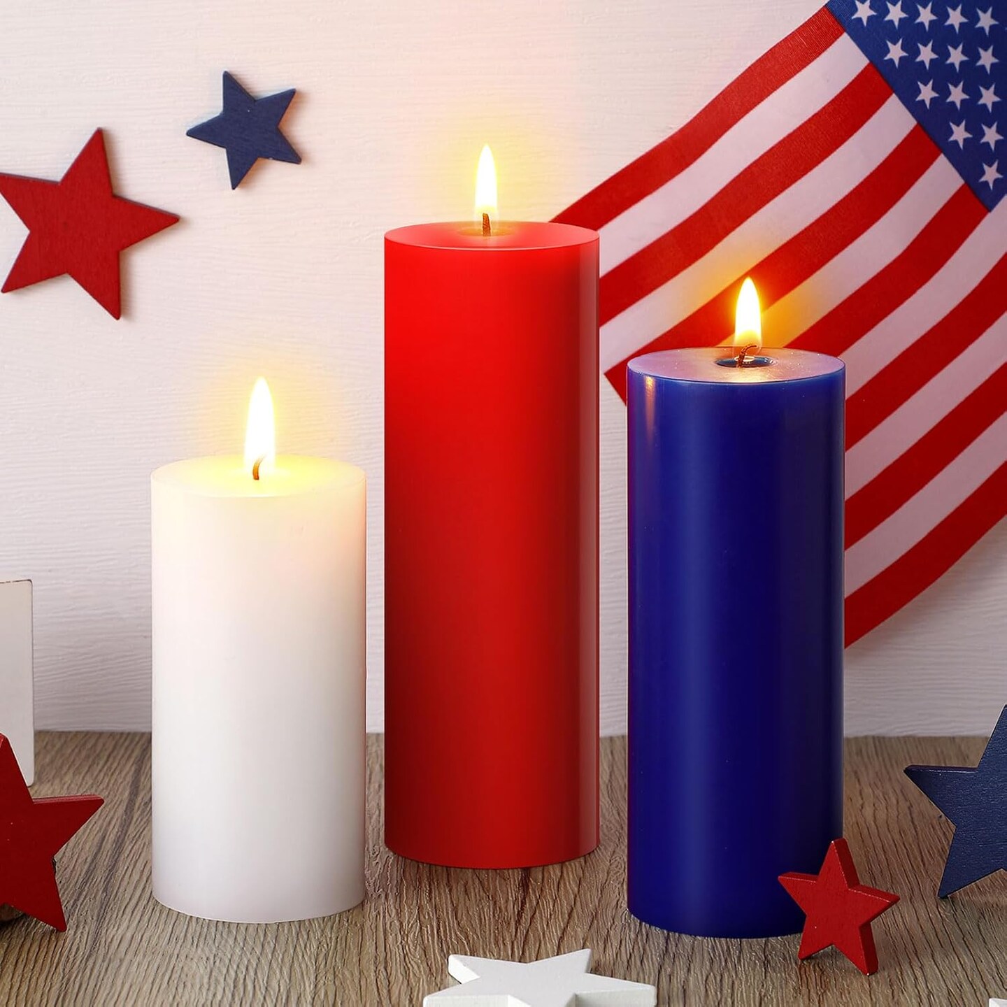 3 Pcs Red White and Blue Wax Candle 4th of July Unscented Dripless Pillar Patriotic Candles Smokeless Independence Day American Burning Gifts for Dinner Memorial Day Table Party Decoration