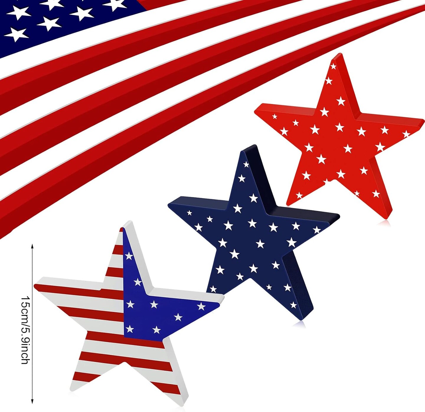 3 Pieces Independence Day Wooden Star Blocks Patriotic Wood Star Standing Blocks 4th of July Tabletop Decor for American Festival Celebration Home Decor (American Flag Prints Series)