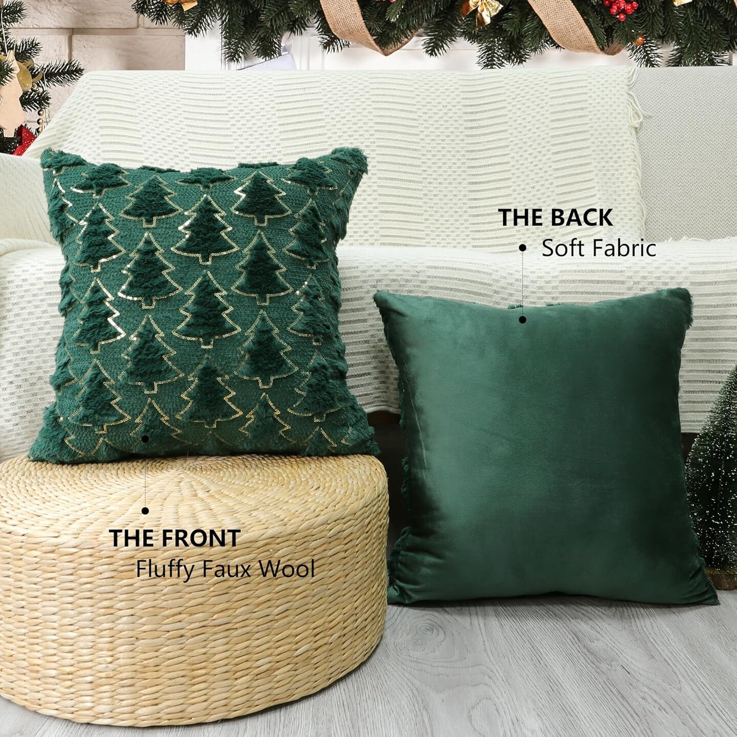 Christmas Tree Decorative Pillow Covers 18x18 Set of 2, Green Soft Plush Faux Fur Farmhouse Throw Cushion Cases for Xmas Winter Holiday Home Decorations