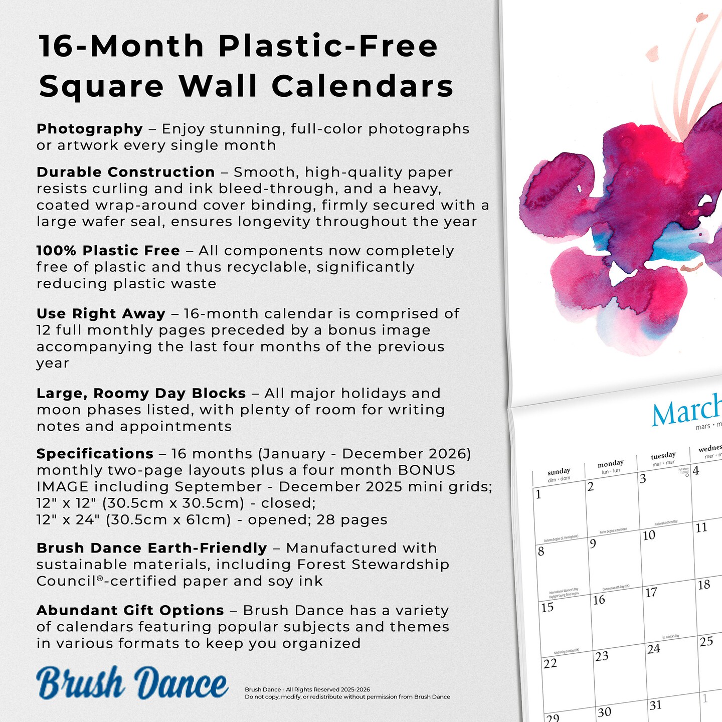 All About Attitude | 2026 12 x 24 Inch (Hanging) Monthly Square Wall Calendar | Featuring the Artwork of Renee Locks | Plastic-Free | Brush Dance | Art Paintings Inspiration Motivation