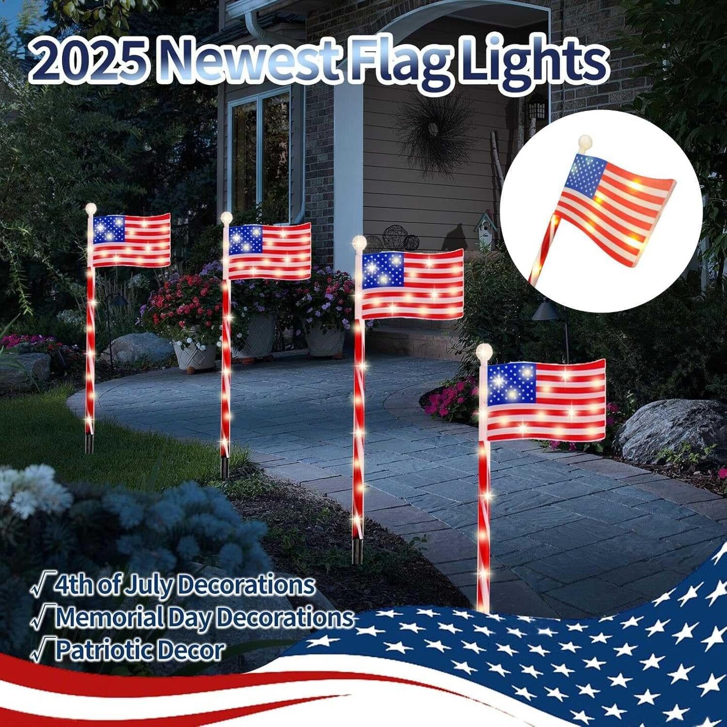 4 Pack Solar American Flag Lights - Outdoor 4th of July Yard Decorations, 1200mAh Garden Flag Lights, 27in Waterproof USA Flag Pathway Light,Independence Day &#x26; Memorial Day Lawn Decor