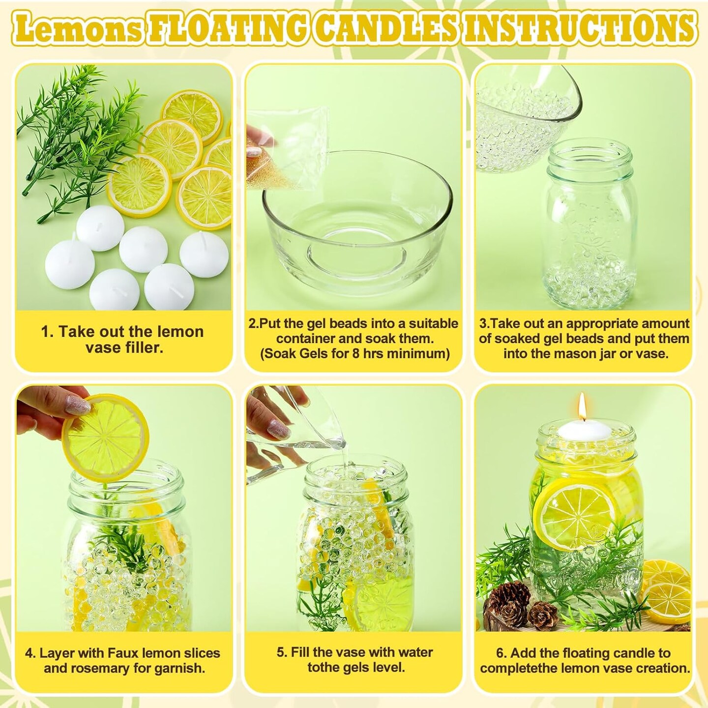 98 Pcs Lemon Vase Fillers with Floating Candles Kit 60 Artificial Lemon Slices 12 Floating Candles 24 Artificial Rosemary 2 Bags Water Gels for Mason Jar Table Centerpiece3