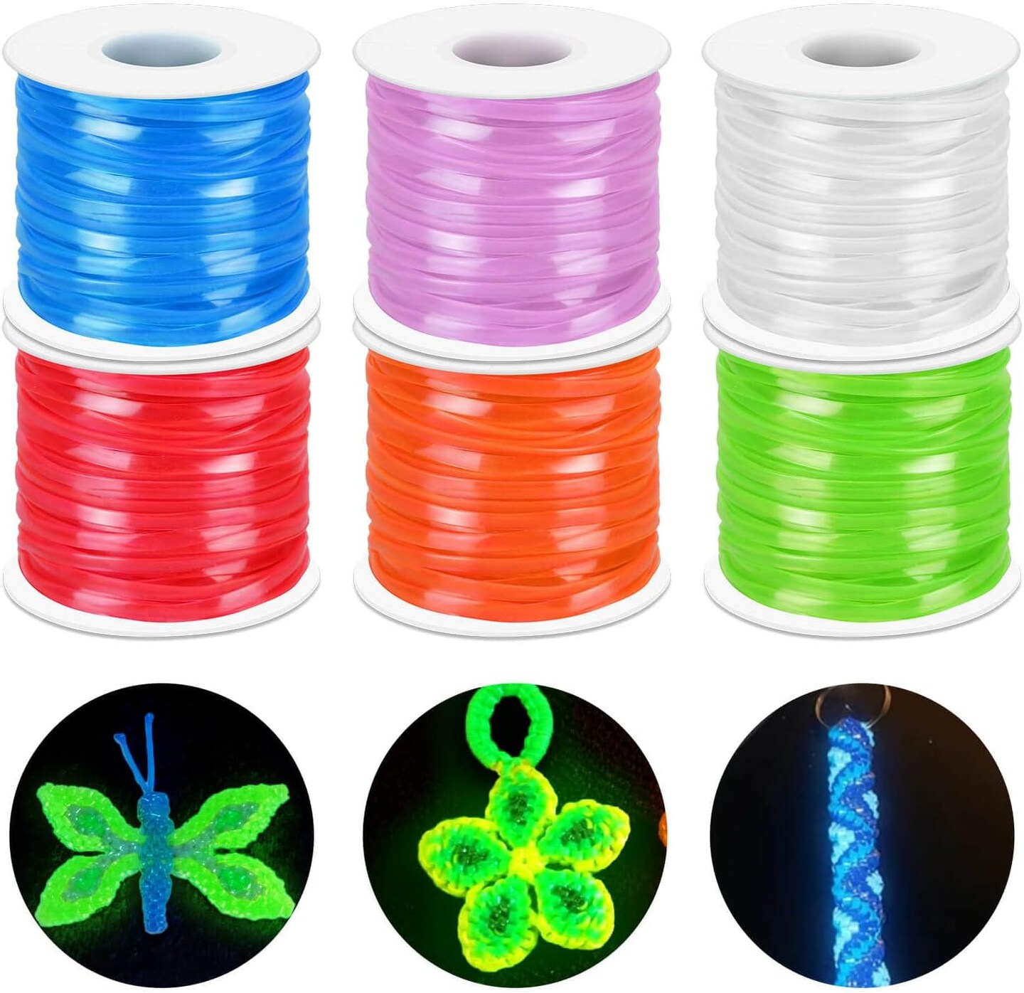 Lanyard String Kit, Cridoz 6Pack Glow in Dark Plastic Lacing Cord Gimp String Lanyard Weaving Kit for Boondoggle, Bracelets, Keychains