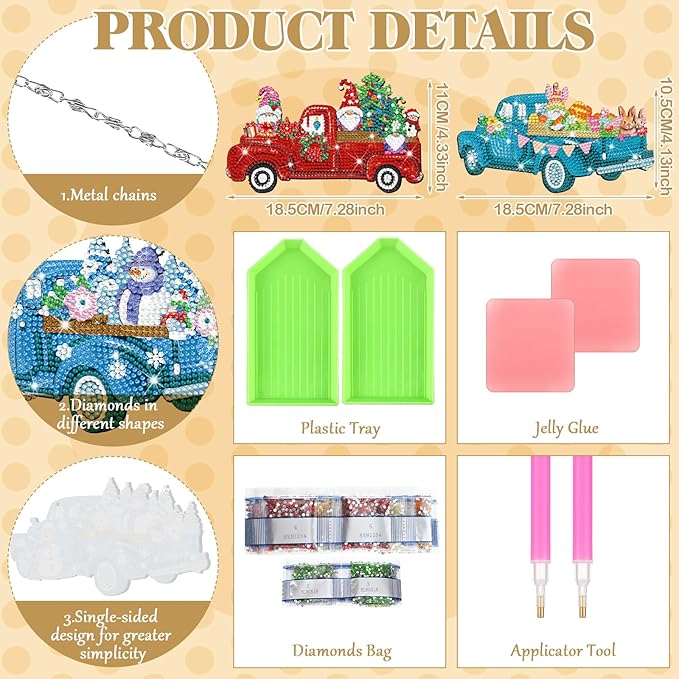 12 Pcs Holiday Truck Diamond Art Wreath Trucks Diamond Painting Hanging Signs 5d DIY Seasonal Ornaments for Summer 4th of July Independence Day Patriotic Holiday Decor