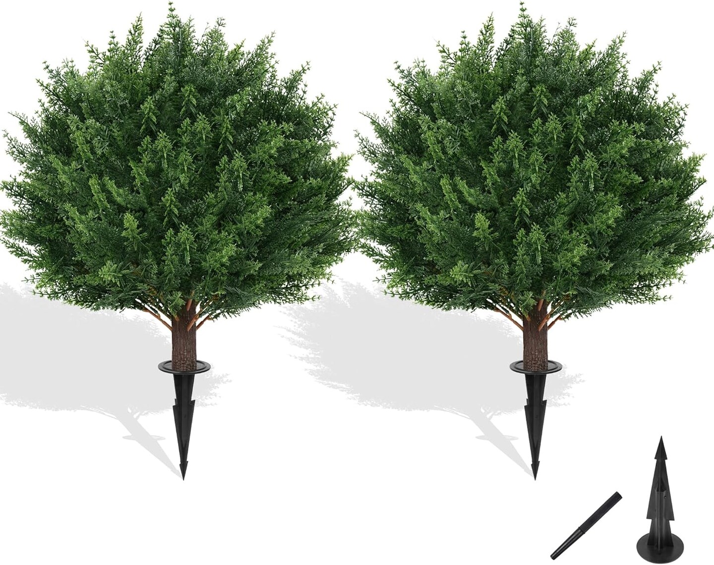 Set of 2 Artificial Cypress Topiary Trees – Fake Evergreen Shrubs with Ground Spikes for Outdoor Planters, Porch, and Indoor Use, UV-Resistant