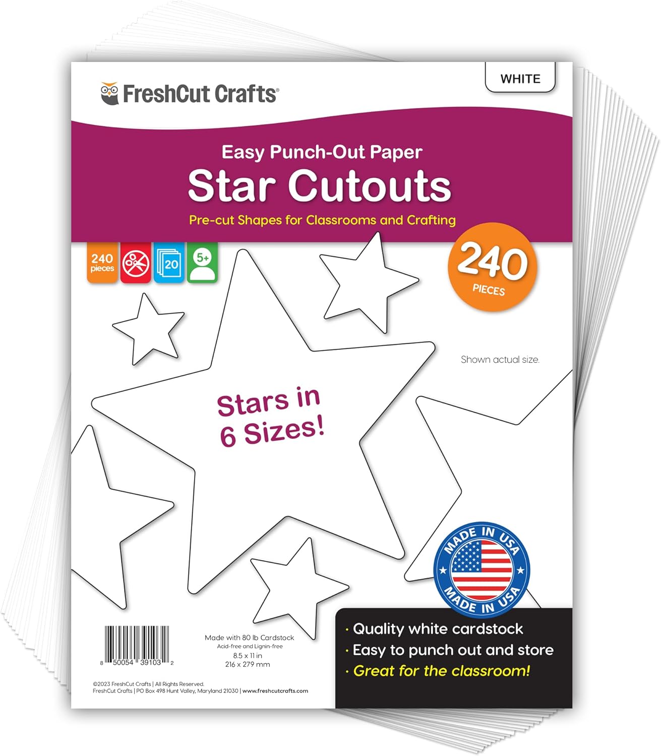 240 Pcs White Star Cutouts – 2-Sided Cardstock Punch-Outs, Made in the USA, for Bulletin Boards, Classroom Decor, Back-to-School Crafts, Party Decorations & Hollywood-Themed Events