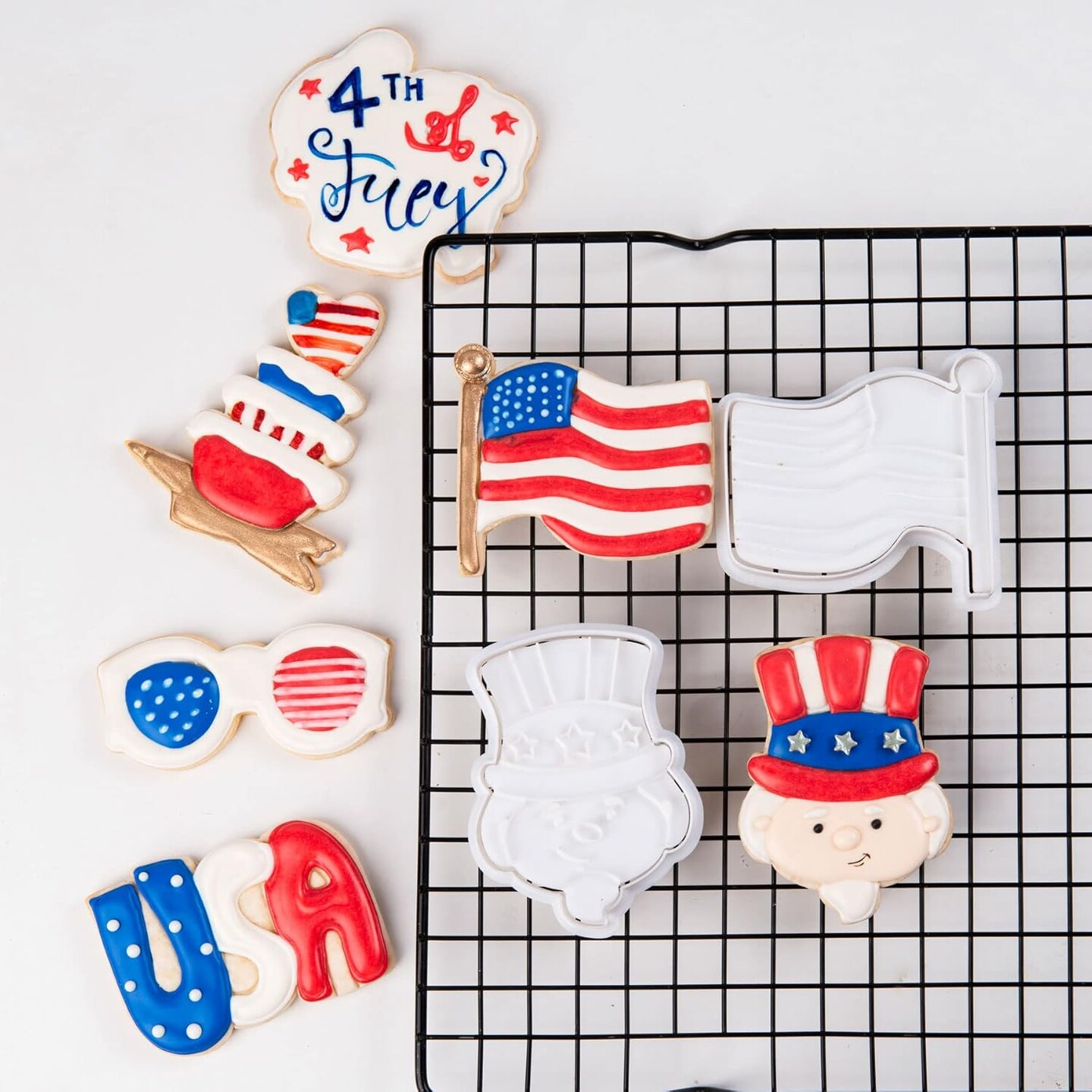 4th of July Cookie Cutter with Plunger Stamps 3D Uncle Sam Biscuit Cutter Baking Holiday PLA Cake Mold for Kitchen 3.5&#x22; Tools for Family Birthday Party