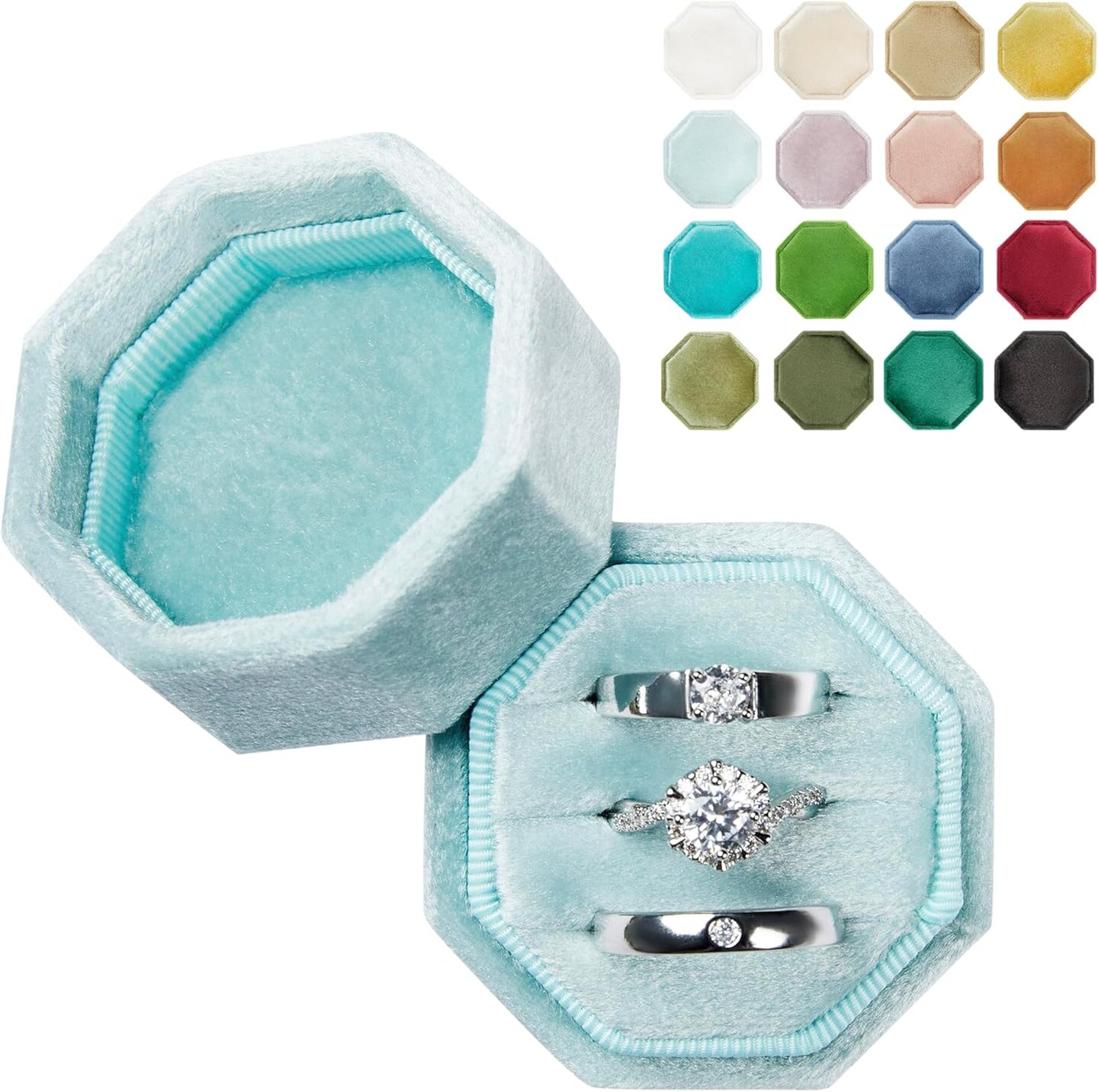 Proposal Ring Storage Box 3 Slots Vintage Velvet Ring Organizer with Detachable Lid Valentine&#x27;s Day Ring Box (Baby Blue)