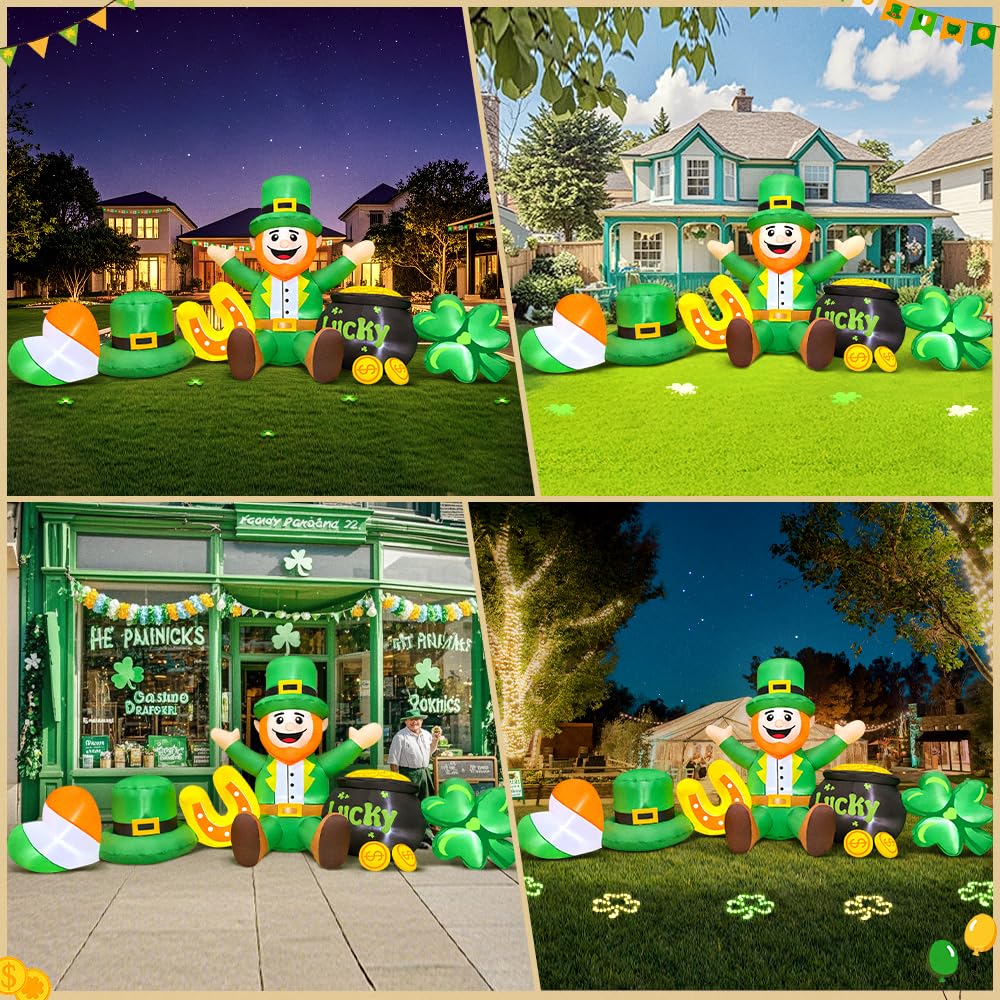 8 FT Long St Patricks Day Inflatables Outdoor Decorations,Inflatable Leprechaun with Clover &#x26; Gold Coins Combo Blow Up Yard Decorations for Holiday Party Yard Lawn Garden