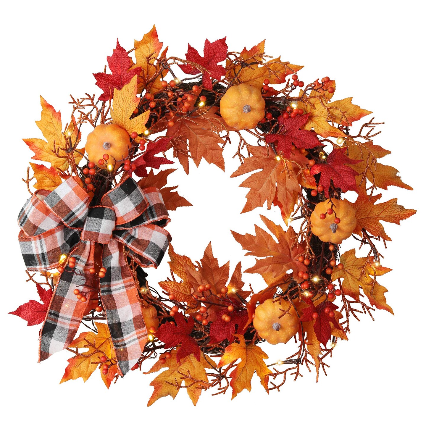 Haute Decor Lighted Wreath with Auto Timer 24 Inch Halloween Pumpkin Plaid Harvest Wreath - Natural Grapevine with 30 Warm White LED Lights - Fall Front Door Decor