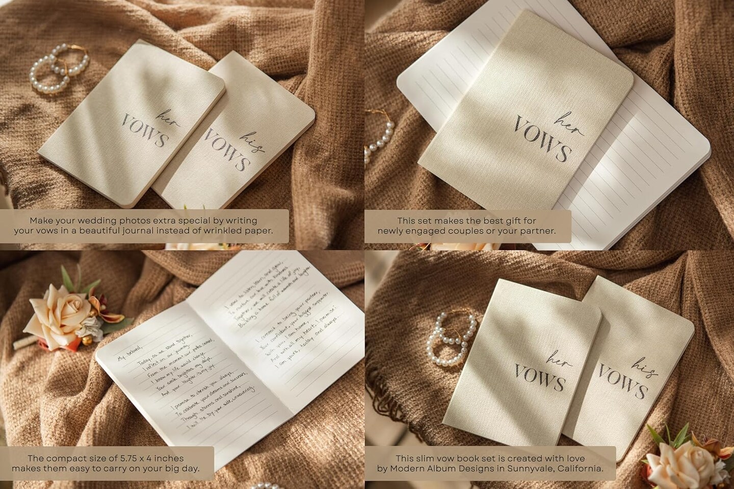 Slim Vow Books (Set of 2 - Design 1) - Soft Cream Canvas Linen Textured Cover Wedding Vow Booklets, Ceremony Speech Promise Notebook Journal, Gift for Newly Engaged Couple, 48 Lined Pages, 5.75&#x22; x 4&#x22;