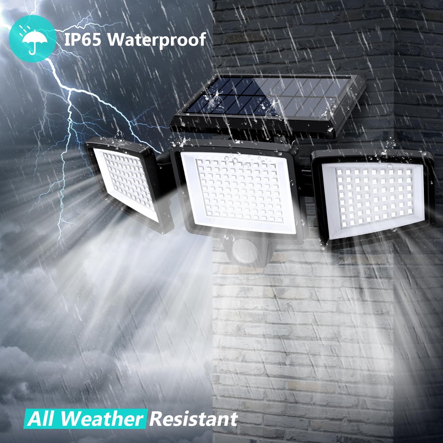 Solar Outdoor Lights 2500LM 210 LED Security Lights with Remote Control,3 Heads Motion Sensor Lights, IP65 Waterproof,270&#xB0; Wide Angle Flood Wall Lights with 3 Modes (1 Pack)