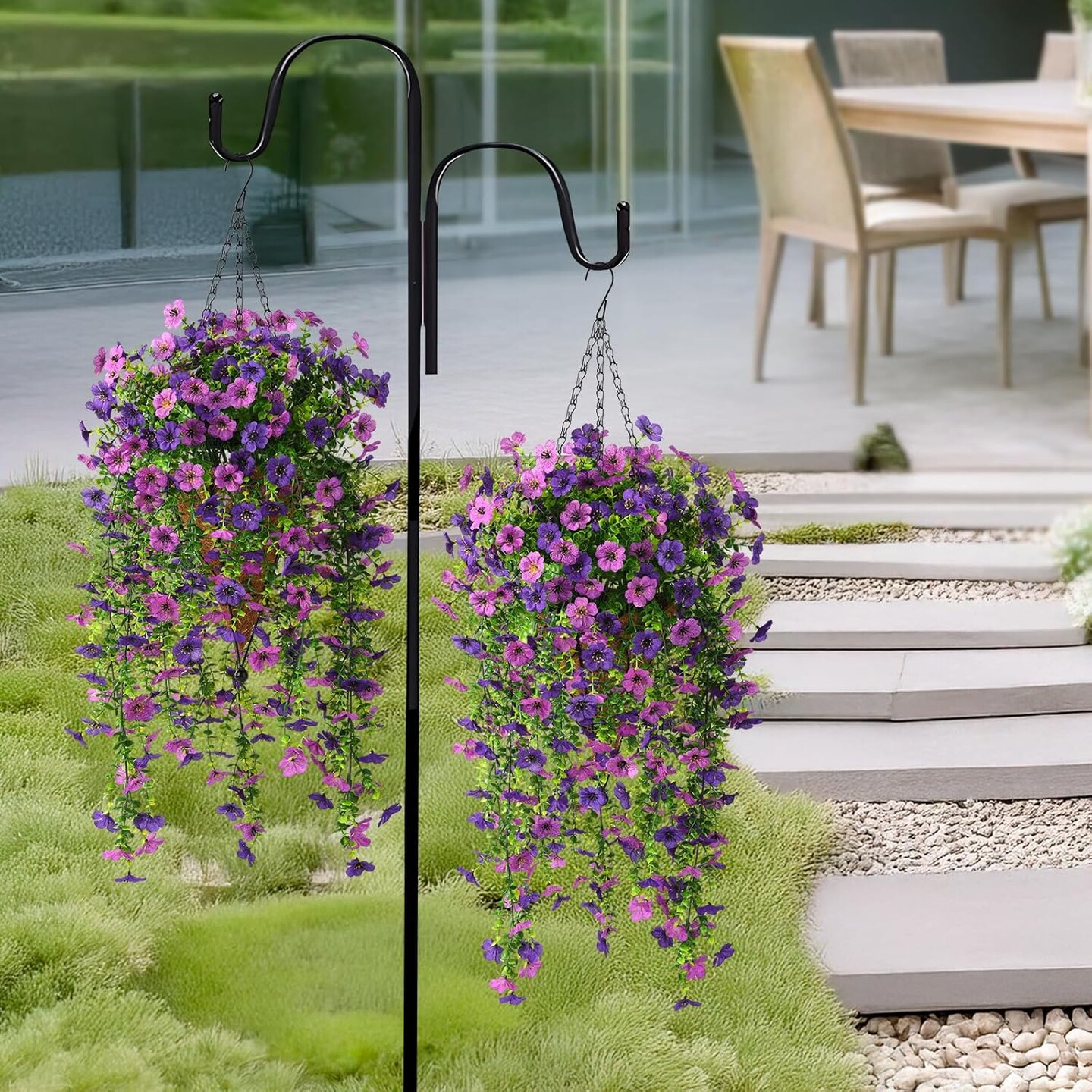 Artificial Fake Hanging Flowers Basket for Outdoor, Faux Mums Hanging Plants UV Resistant Silk Daisy for Spring Outside Front Porch Patio Balcony Decor