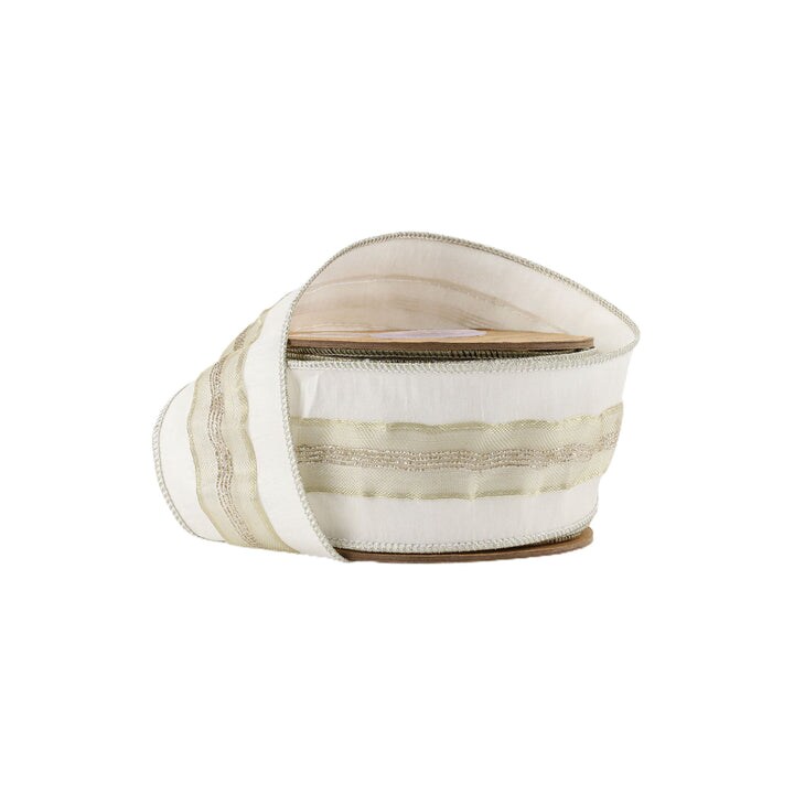 LaRibbons 2 1/2&#x22; Wired Dupioni Ribbon | Ivory w/ Platinum Trim | 5 Yard Roll