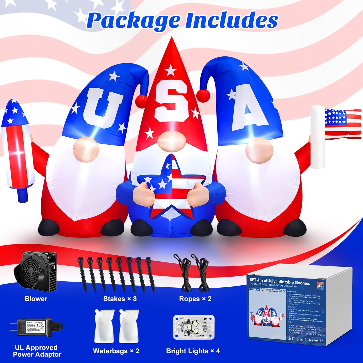 8 FT Long Patriotic 4th of July Inflatables Outdoor Decorations Independence Day 3 Gnomes Holding Flag, Rocket and Star, Built in LED Lights Blow Up Yard Decor for Memorial Day, Lawn, Garden, Party