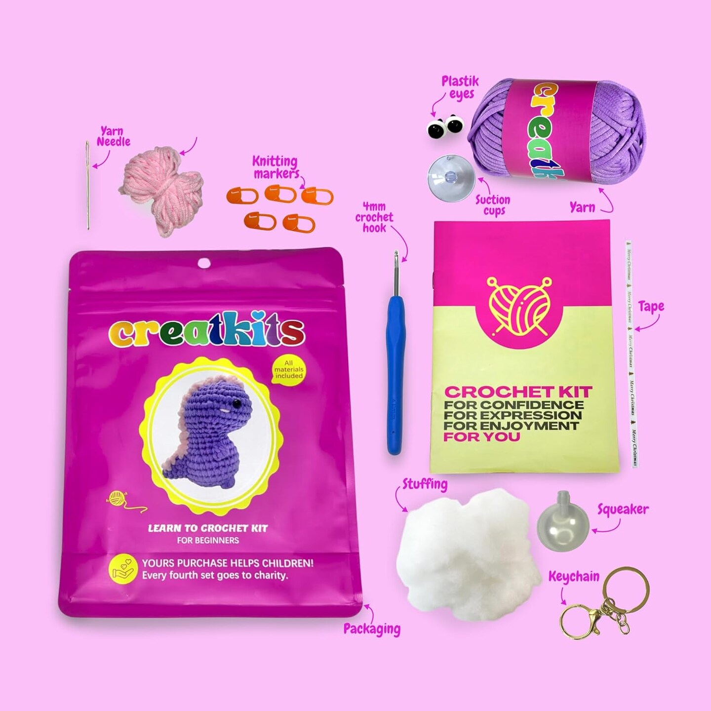Crochet Kit for Beginners – Dinosaur | Easy DIY Crochet Animal Kit with Step-by-Step Video – Craft Set for Adults & Kids