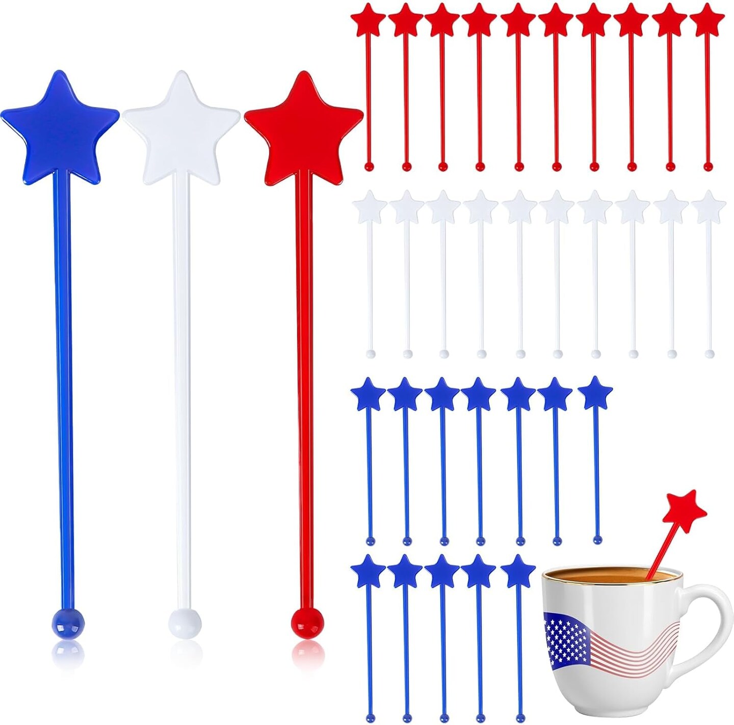 36 Pcs 4th of July Patriotic Cocktail Stirrers, Red White and Blue Drink Stirrers Plastic Swizzle Sticks Reusable Coffee Stirrers Stir Sticks for Fourth of July Independence Day Party Supplies