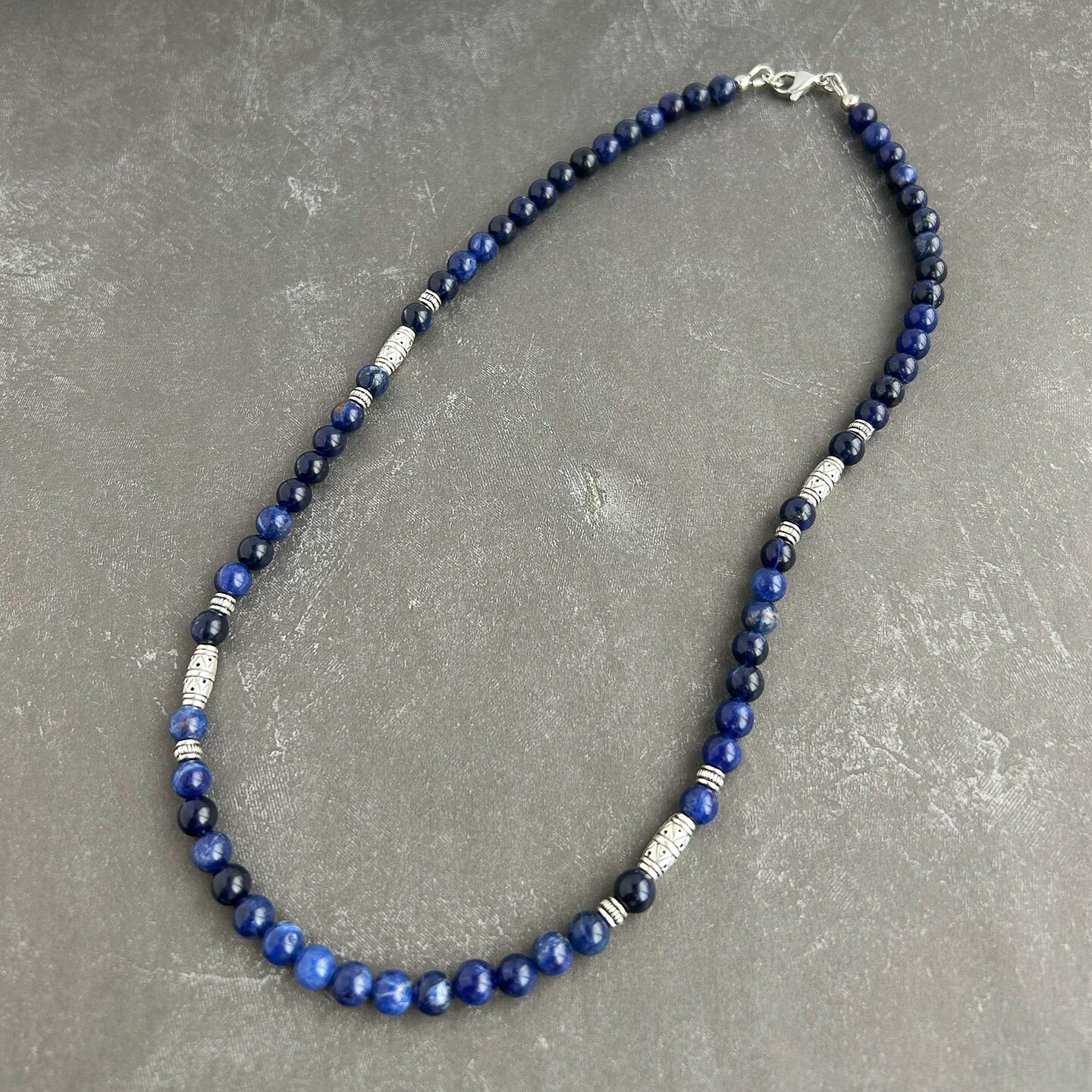Sodalite 6mm Gemstone Beaded Men's Necklace, Tribal Pewter
