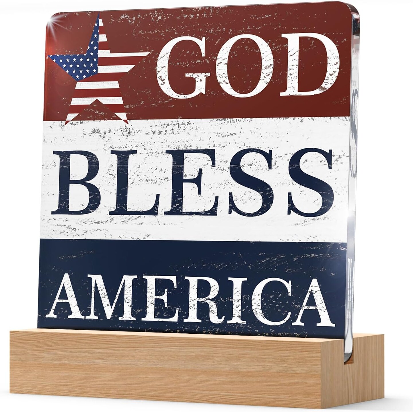 4th of July Patriotic Decorations Gifts for Independence Day Decor, God Bless America Farmhouse Desk Table Decor Acrylic Plaque with Wooden Stand, Memorial Day Red White and Blue Art Decor