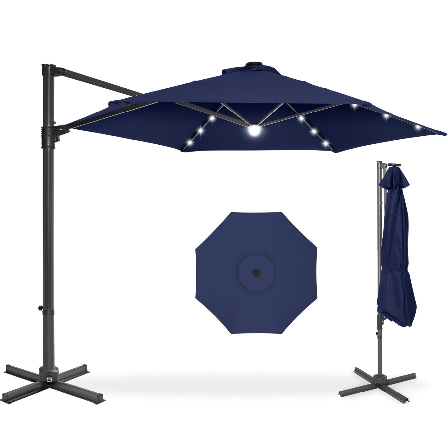 Best Choice Products 10ft 360° Rotating Cantilever Easy Auto Open Patio Umbrella w/ Solar LED Lights