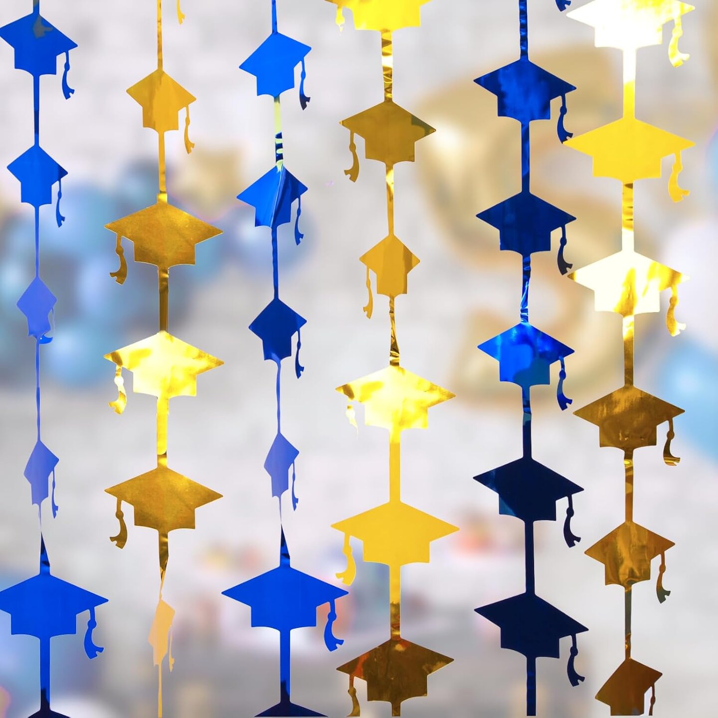 2025 Graduation Party Decorations, 2 Pack Blue and Gold Foil Fringe Curtain 3.3x6.6 ft, Tinsel Streamer, Graduation Photo Booth Prop Streamer Backdrop for High School College University Party