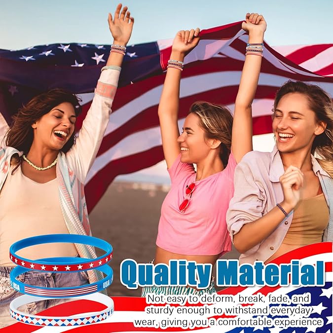 100 Pcs USA Rubber Wristbands Bulk American Flag Silicone Stretchable Bracelet Patriotic Veterans Rubber Bracelets Red White Blue