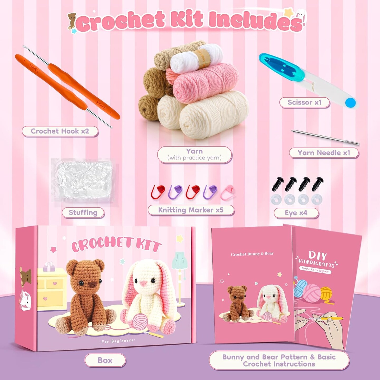 Crochet Kit for Beginners, Bunny and Bear Crochet Animal Kit with Step-by-Step Video Tutorials, Crocheting Kit for Starters, Beginner Crochet Kit