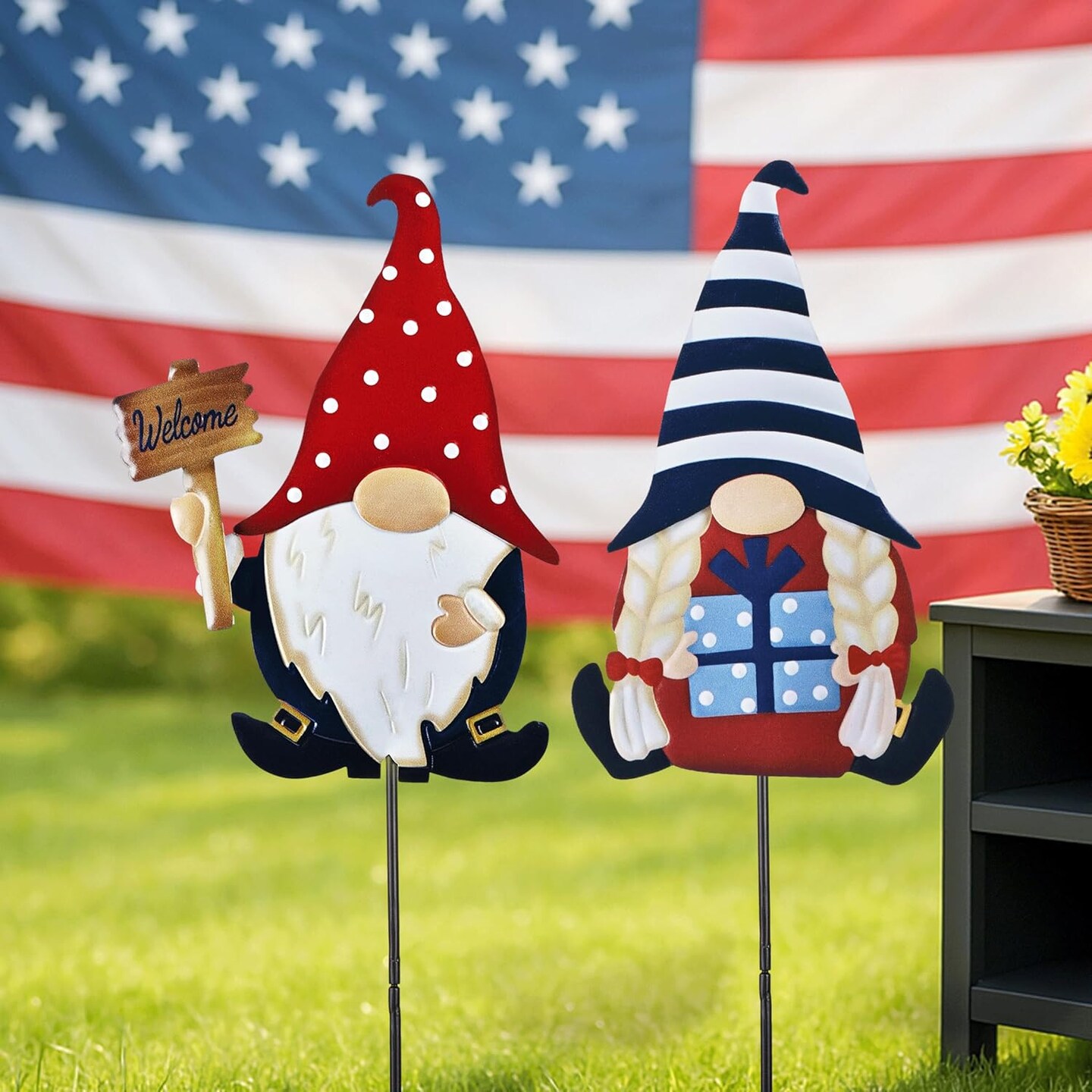 2 Pcs Memorial Day Patriotic Gnome Garden Decor, 4th of July Decorations for Outdoor Metal Yard Art Sign, Decorative Garden Stake for Lawn, Independence Day Gifts 23.2''