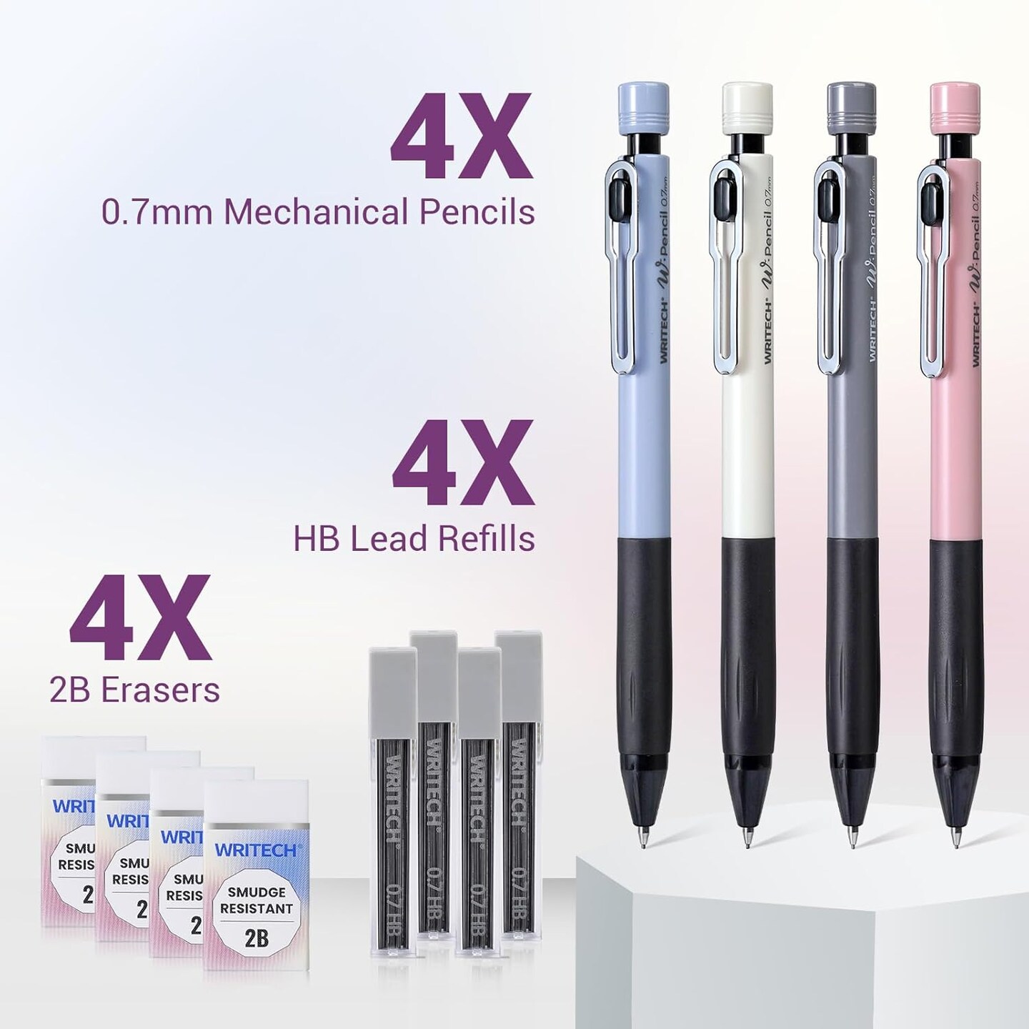 Up Mechanical Pencil Set – 4 Colorful 0.7mm Pencils with 4 Tubes HB Lead Refills and 4 Extra Erasers for Writing, Drawing, Sketching, and Drafting