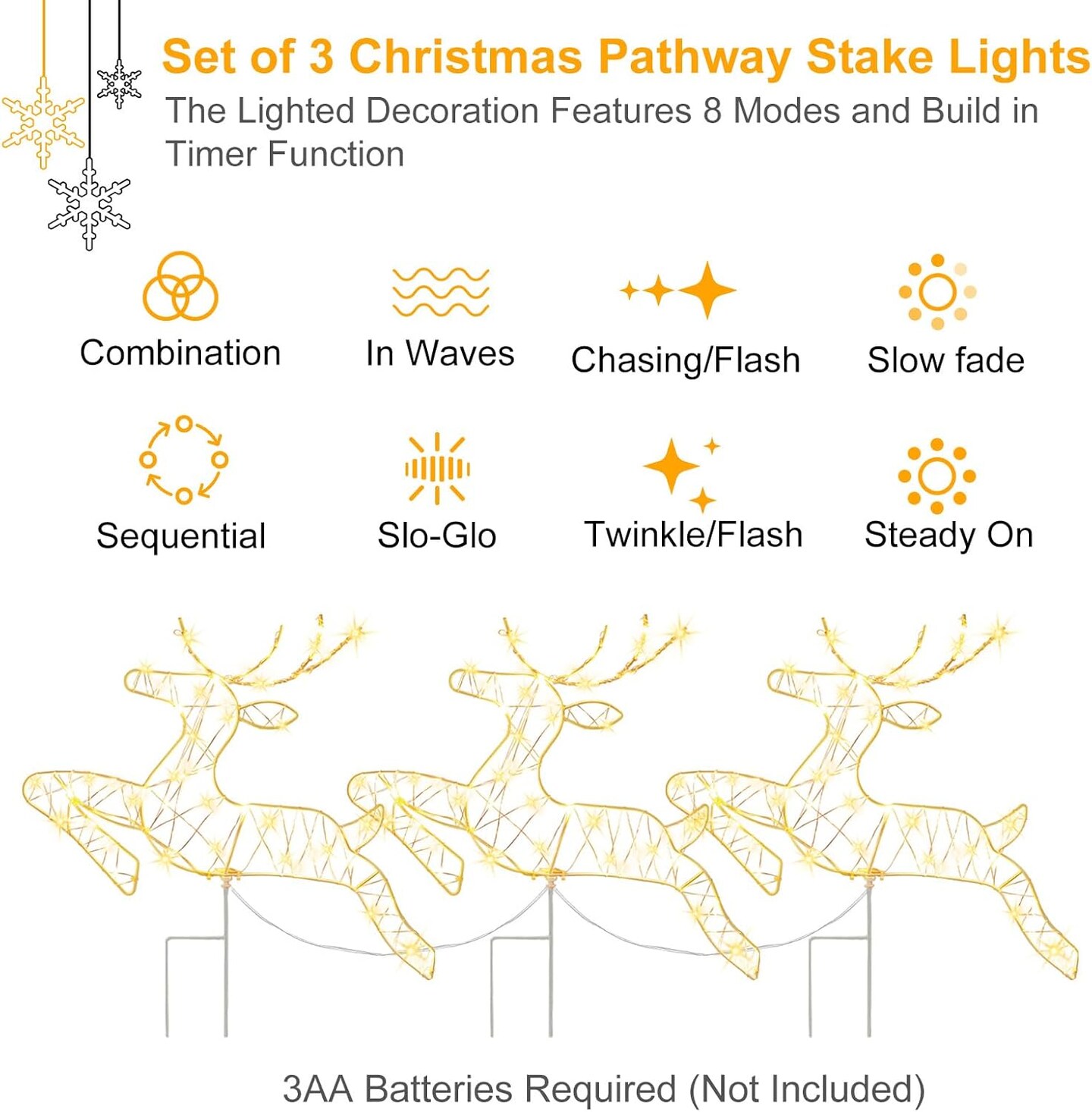 Christmas Pathway Lights Outdoor, 3 Reindeer Christmas Outdoor Decorations Pre-lit with 150 Warm White Lights and 8 Lighting Modes