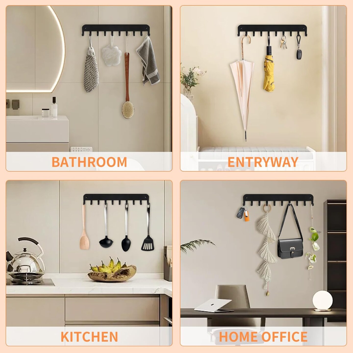 2 Pack Key Holder Wall Mount, 10 Hooks Car Key Holder for Wall, No Drilling Required, Key Rack Adhesive, Keys Hanger on Wall, Key Rack Wall Mount for Entryway, Living Room, Hallway (Black)