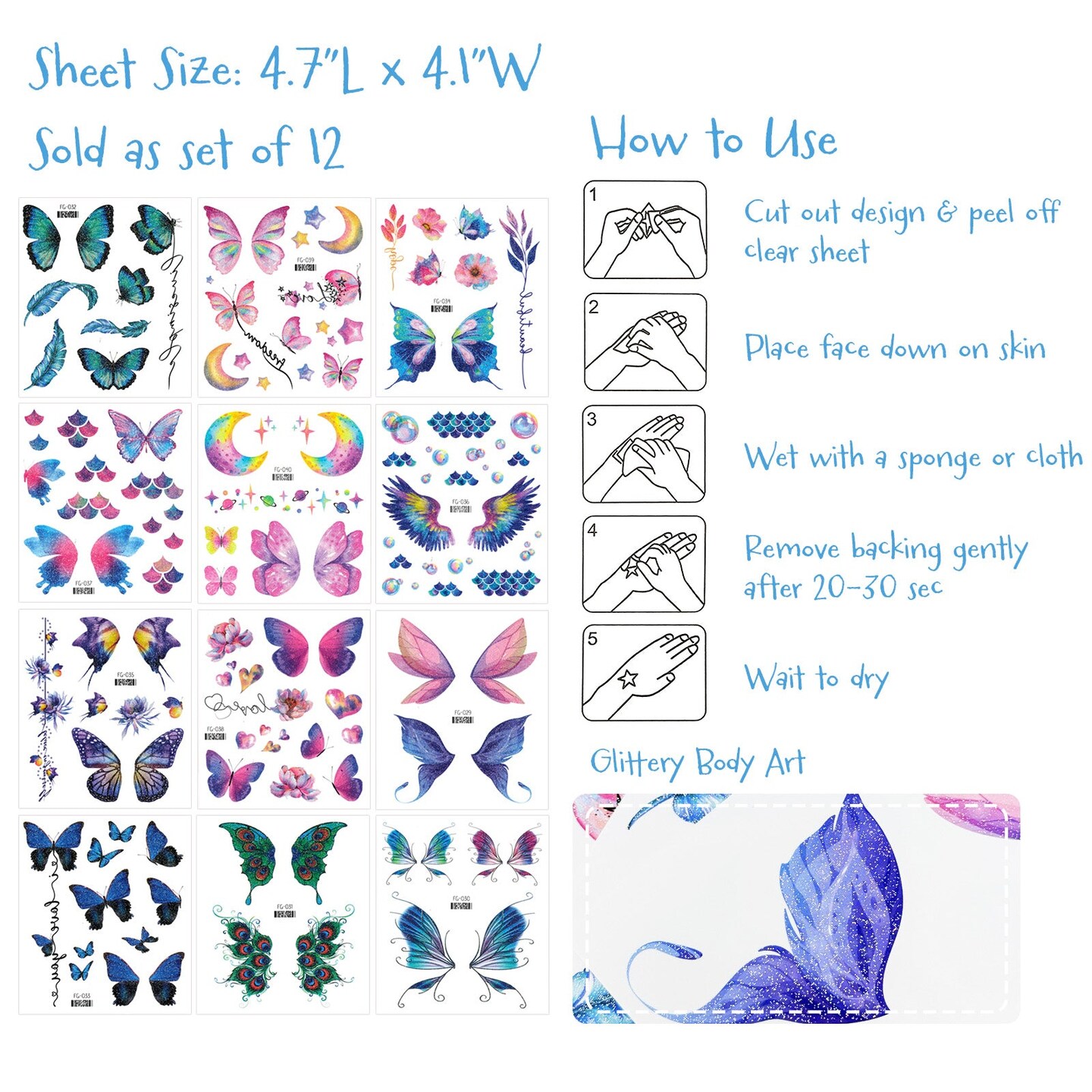 Wrapables Waterproof Glitter Butterfly Wings and Fairy Design Temporary Tattoos for Women, Eye, Face, and Body Makeup for Parties, Beach, Festivals (12 Sheets)